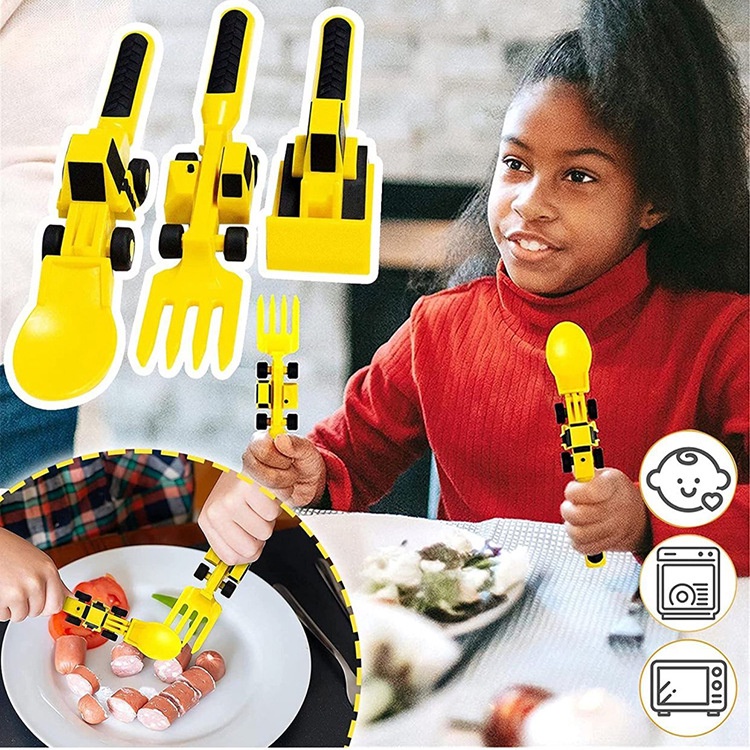 Dinneractive Children's Utensils Feeding Spoon and Fork Bulldozer Excavator  Shovel Cutlery Set Kids Tableware Toddlers Infant Fo