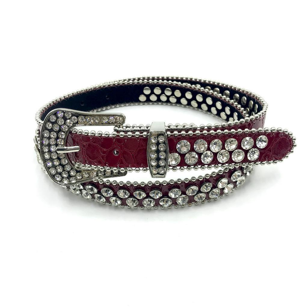 Crocodile pattern belt Pu imitation leather women's single row Diamond ...