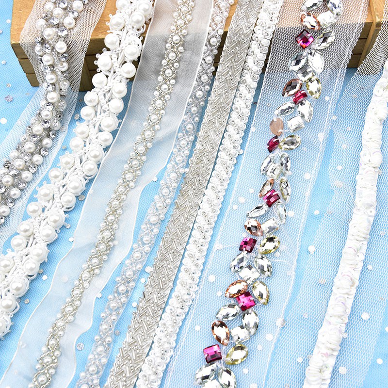 Rhinestone Trim Applique, 1 Yard Braided Lace Ribbons Pearl...