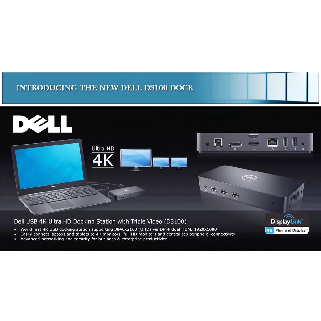 Dell D3100 Triple monitor Display USB 3.0 Ultra HD 4k Docking Station