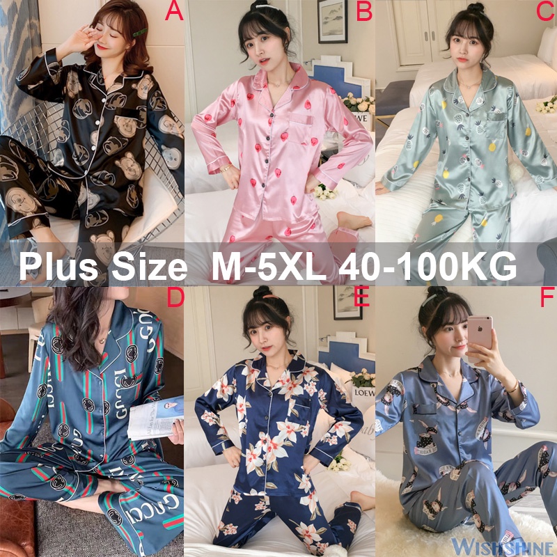 Women Plus Size M-5XL Silk Satin Pyjamas Set Female Long Sleeves Baju Tidur Sleepwear  Pajamas Nightwear Sleep Suit