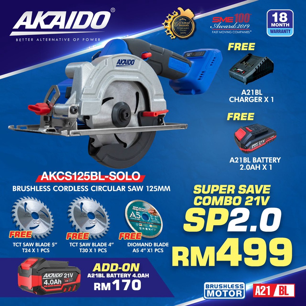 Brushless] AKAIDO 21V Cordless Battery AKCS125BL Circular Saw Cutter