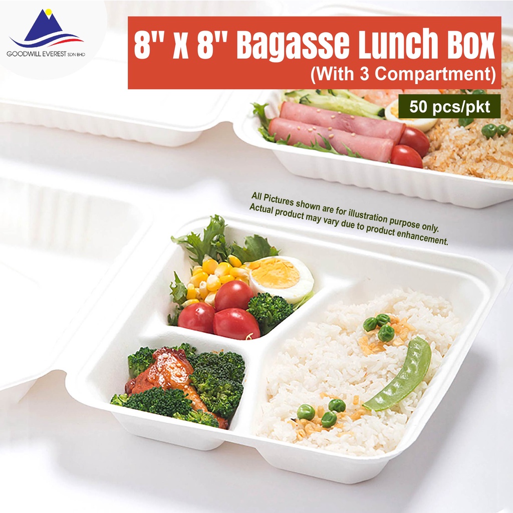 (50pcs/pkt) 8" x 8" Sugarcane Bagasse Clamshell Takeaway 3 Compartment ...