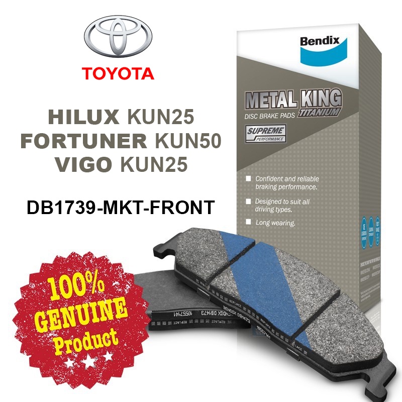 Original Bendix [DB1739MKT] Front Brake Pad - Toyota Hilux KUN25 2.5/3. ...