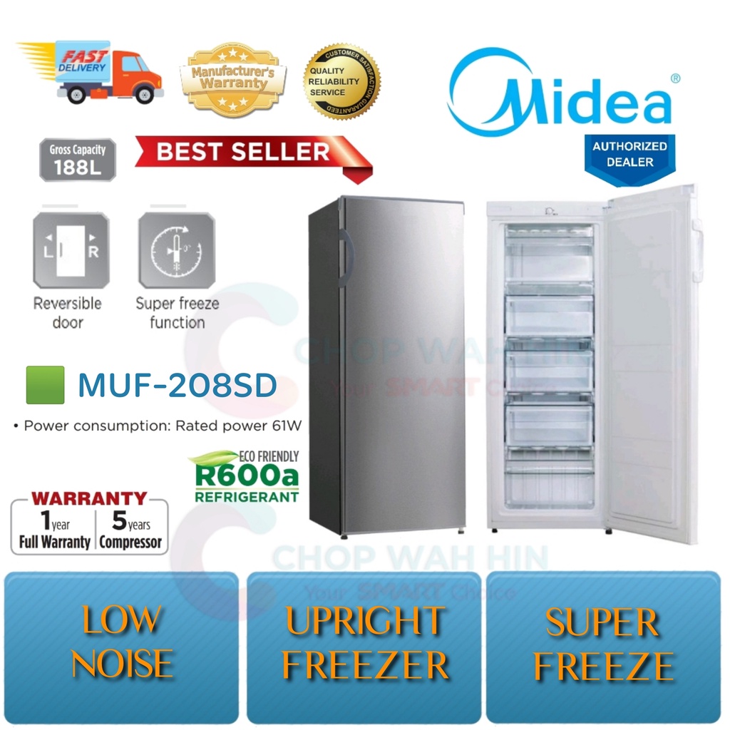 Midea Freezer (188L) Standing Freezer Eco-R600a Super Freeze Function  Upright Freezer MUF-208SD