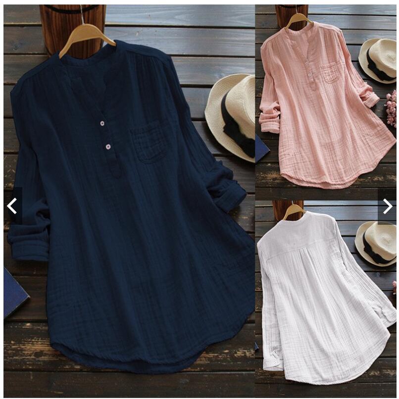 Women's Casual Cotton Linen Blouse Plus Size High Low Shirt Long Sleeve Tops(S-5XL)