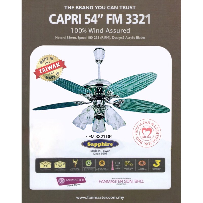 🎁[FREE GIFTS] Sapphire Capri 54” Ceiling Fan FM3321 (Pull Chain with 5 ...