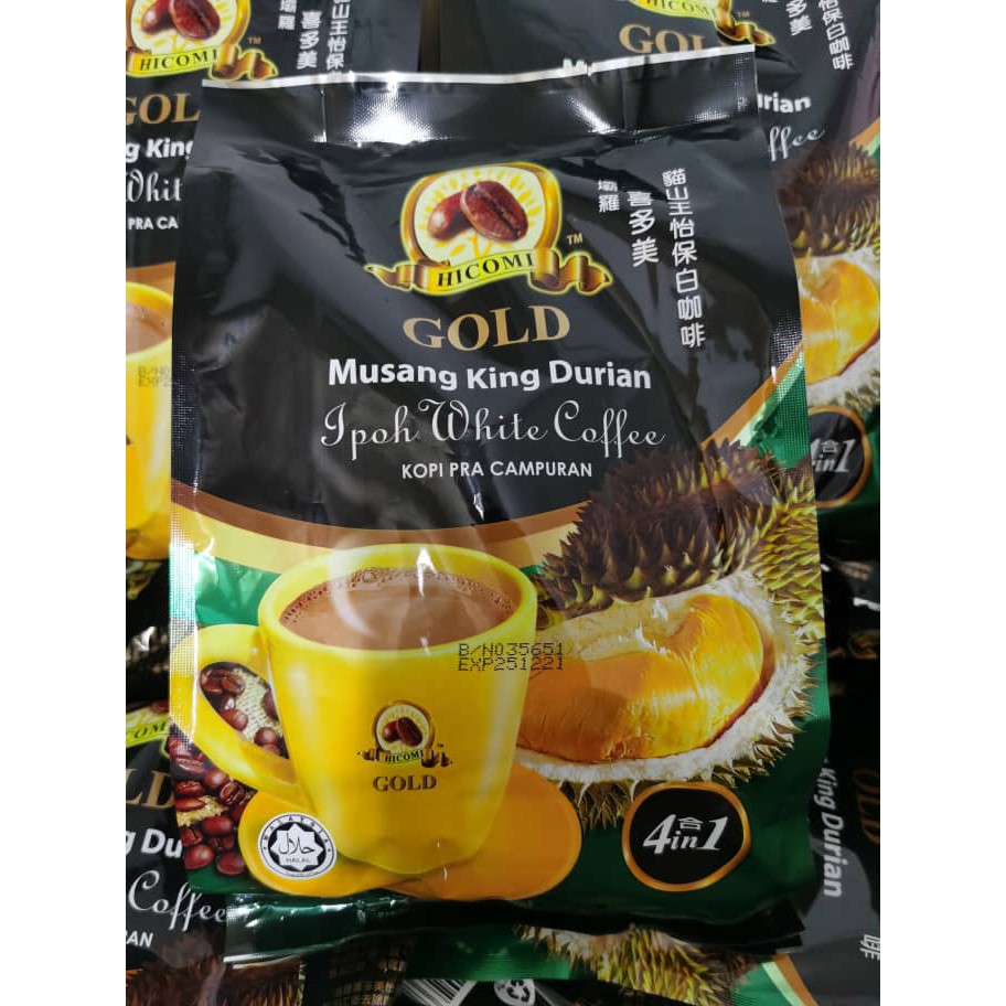 Buy1pkt Free 1sac!!!While Stock Last!!! Hicomi Gold Musang King Durian  4in1White Coffee猫山王怡保白咖啡 570g(38gX15sac)