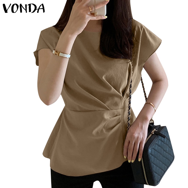 Vonda Women Korean Summer Crew Neck Sleeveless Solid Color Casual