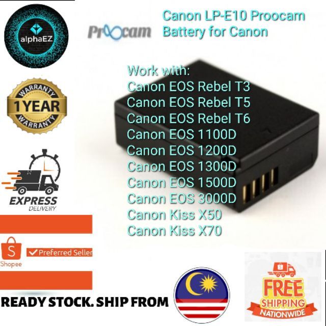 Canon LPE10 Proocam Battery for Canon EOS 3000D 1500D 1300D 1200D