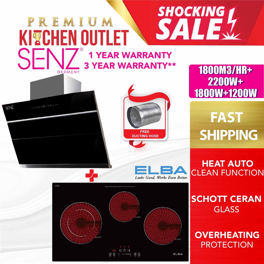 Elba 5200W 3 Burner Schott Ceran Glass Ceramic Hob ECHK7013ST(BK) w Hood SZCH338I CH930AC