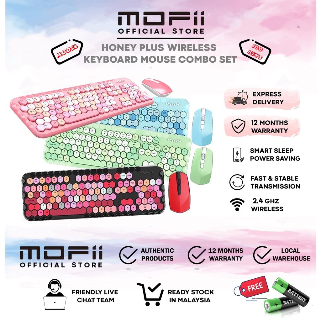 Mofii Honey Keyboard Mouse Combo Wireless 2.4G Mixed Color 83 Key Mini  Keyboard Mouse Set with Honeycomb Key Caps for Girl Pink…