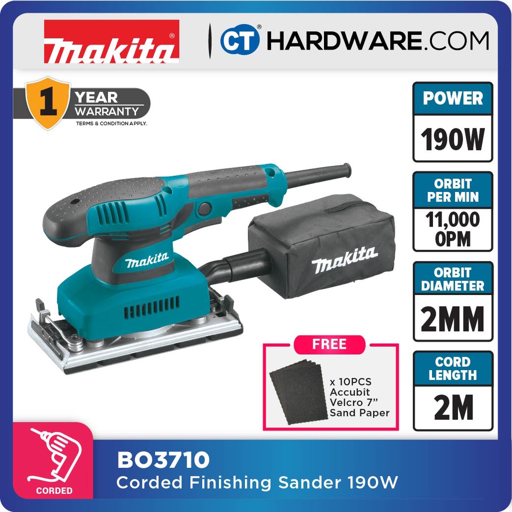 MAKITA BO3710 CORDED FINISHING SANDER 190W 93MM X 185MM 22000SPM 1.6KG ...