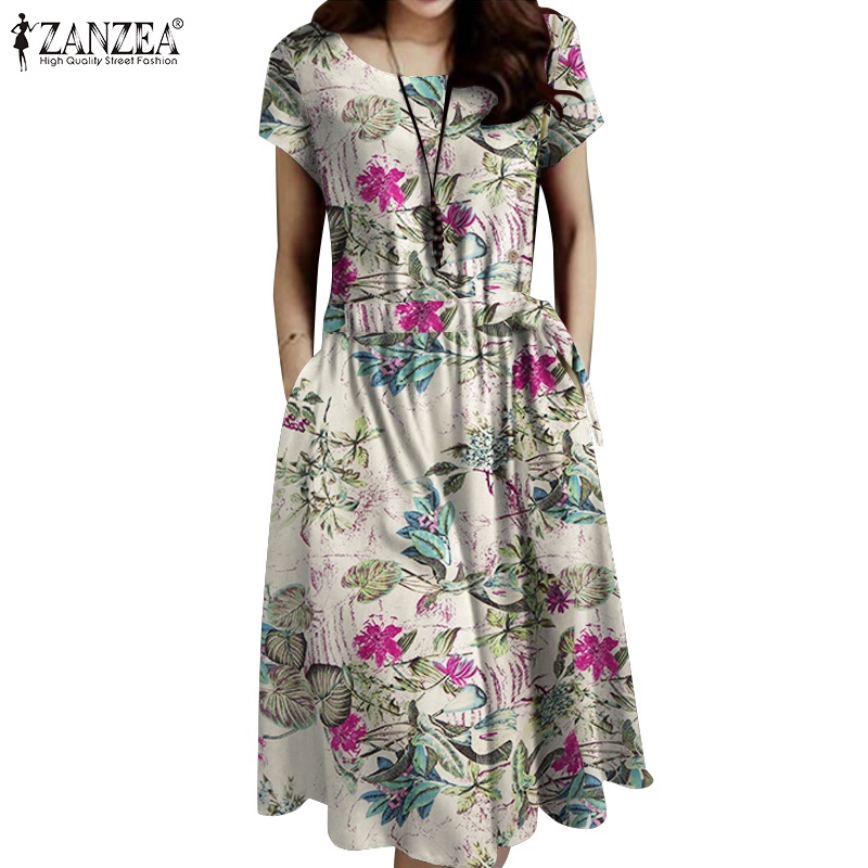 Zanzea Women Korean Retro Casual Loose O Neck Floral Print Short Sleeve Knee Length Dress 6106