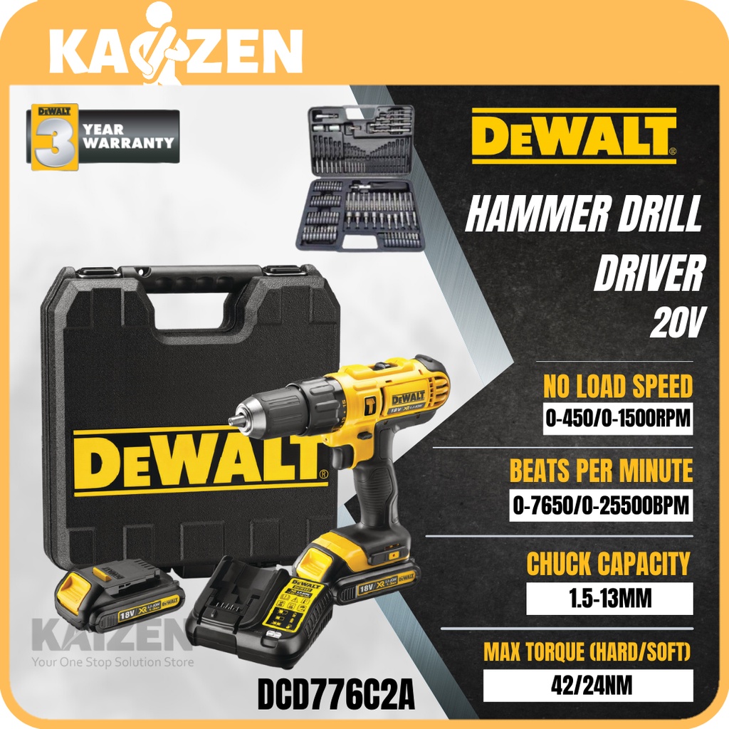 DEWALT DCD776C2A 20V LITHIUM-ION HAMMER DRILL WITH 109 PCS ACC KIT ...
