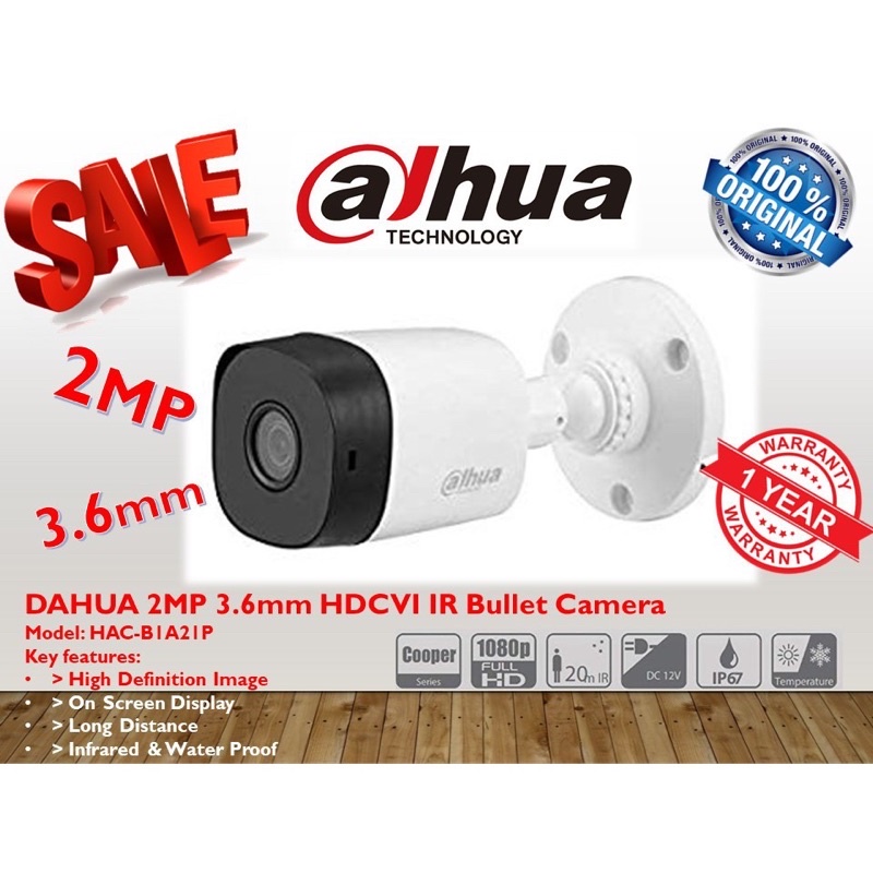 DAHUA 2MP Bullet Camera (HACB1A21P) 2MP 3.6mm Fixed Lens HDCVI IR
