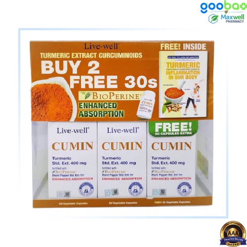 LIVEWELL CUMIN Turmeric 400mg 60 Capsules [Buy 2 Free 30s] Shopee
