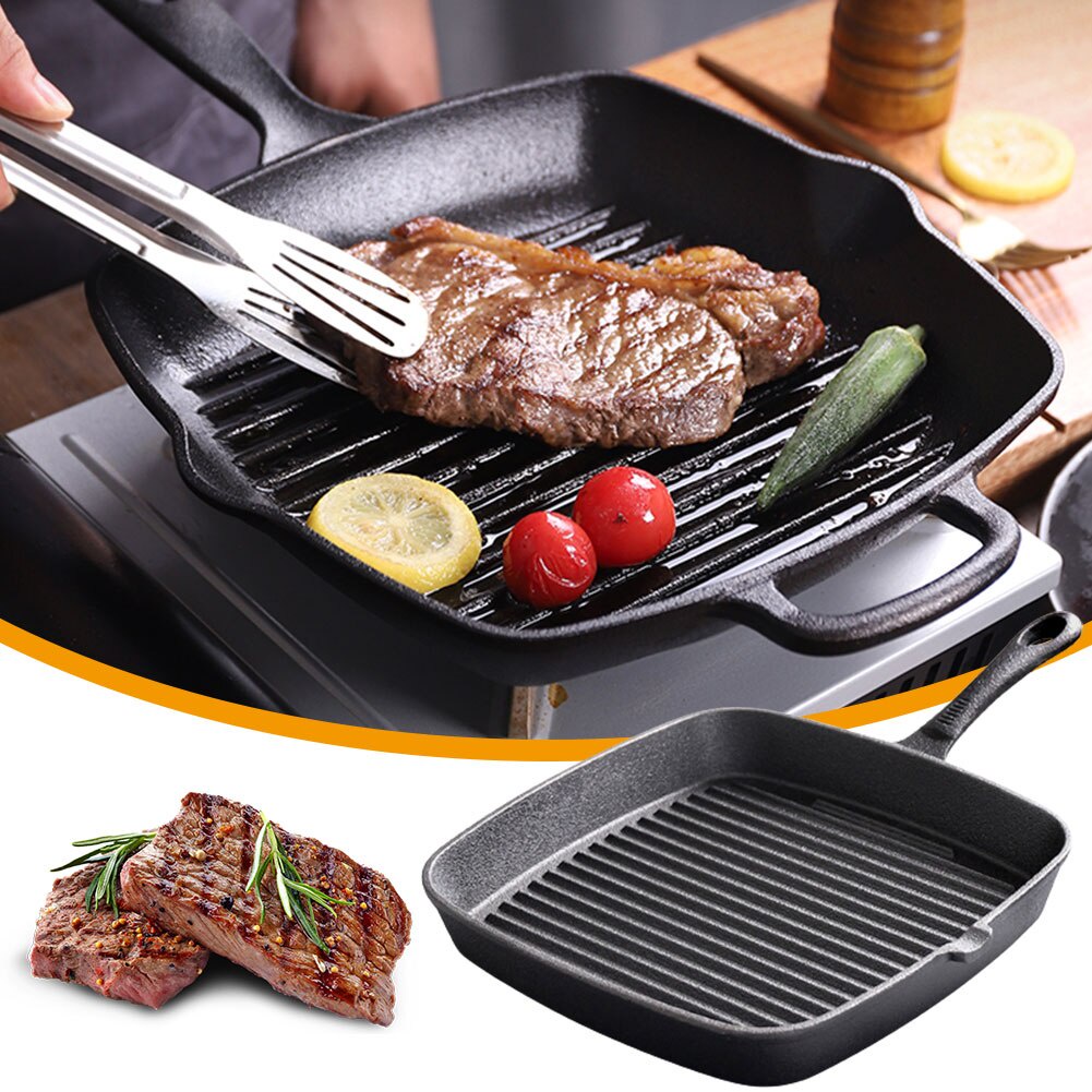 Steak Pan, Striped Cast Iron Square Grill Pan, Uncoated Non-stick