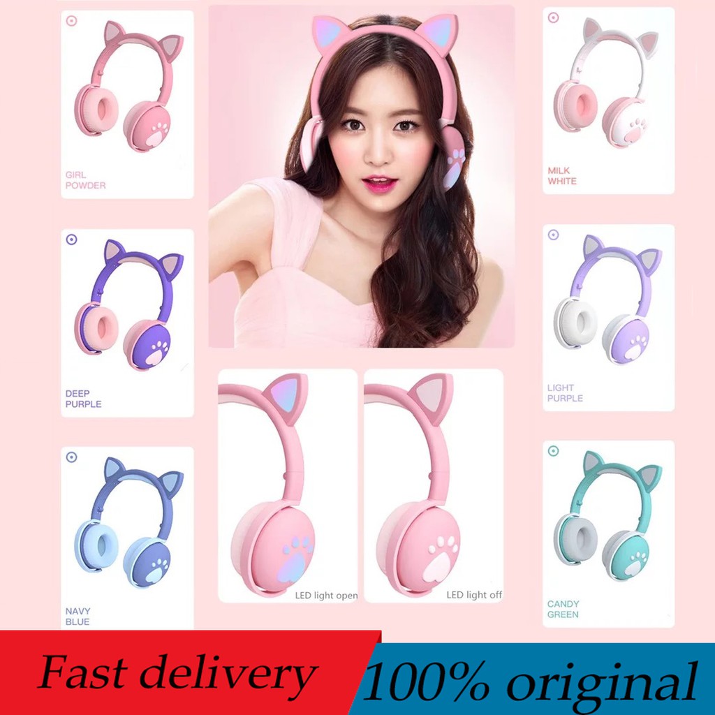 BK1 Cute Headphones Wireless earphones LED light Cat Ear Cat Paw Girls Gift  Bluetooth Headset HIFI Stereo Bass With Mic