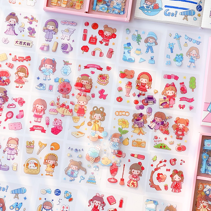 100 Pcs Boxed Cute Cartoon Girl Series Stickers Student Diary Deco DIY ...