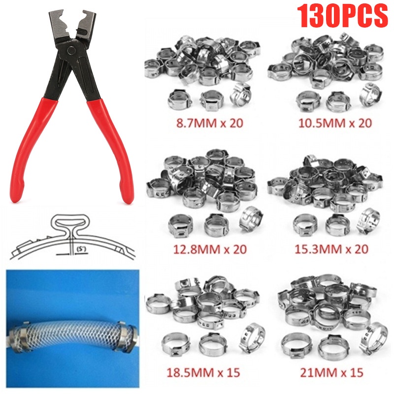 130Pcs Single Ear Stepless Hose Clamps Crimper Crimping Tool Kit