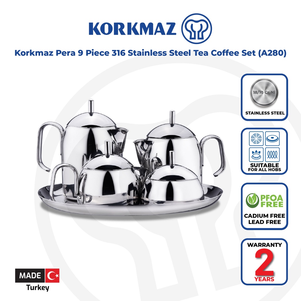 Korkmaz Pera Stainless Steel Tea and Coffee Pot Set with Tray 9 Piece
