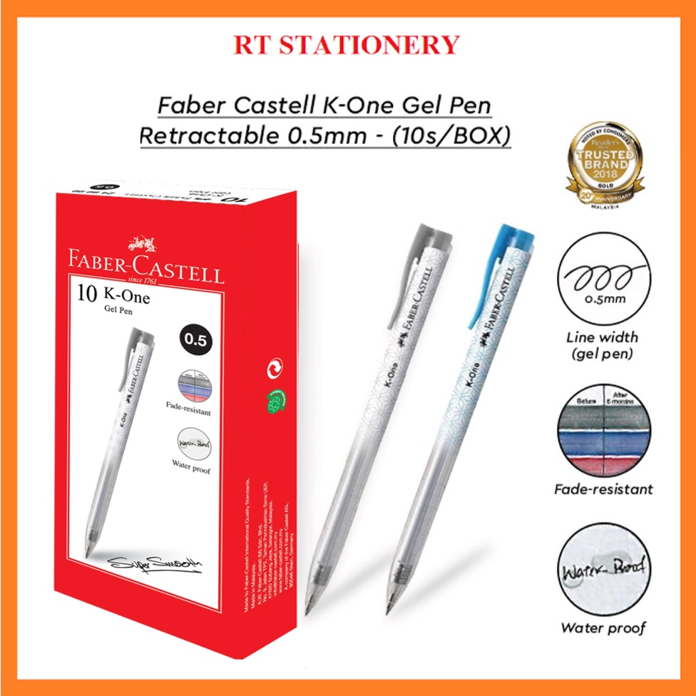Faber Castell KOne Gel Pen Retractable 0.5mm/ Pen Dakwat Basah Stationary Tulis (Black/ Blue