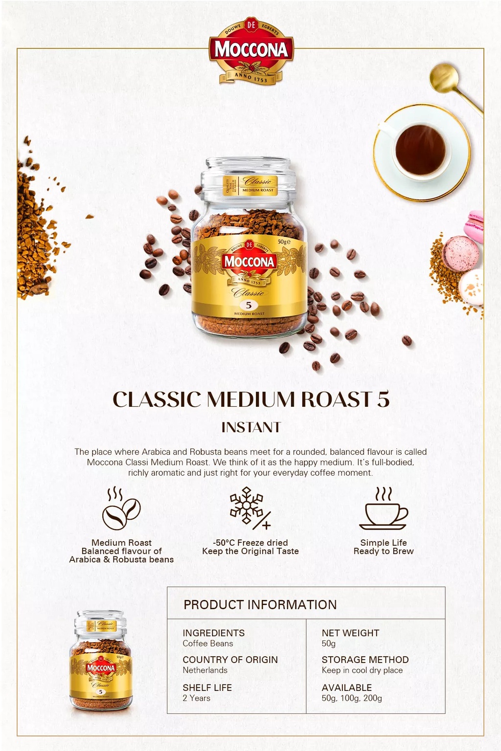 1000x Moccona Classic Medium Roast Instant Coffee Sticks – 1.7g Each – No Artificial Coloring