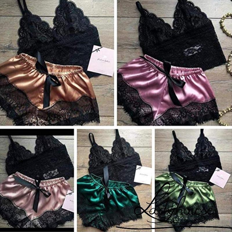 LD-New Women Sleevele Pajama Sets Lacess Strap Top Satin Short Camisole ...