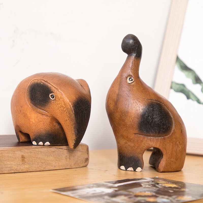Wooden Hand Carved Elephant Statue Figurine Sculpture Art Decorative ...
