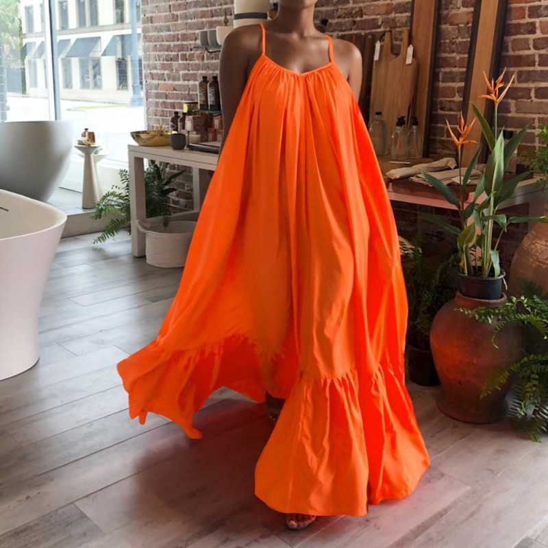 Summer Dress Women Sexy Sleeveless Ruffled Spaghetti Strap Maxi Long Dress  Casual Loose Plus Size