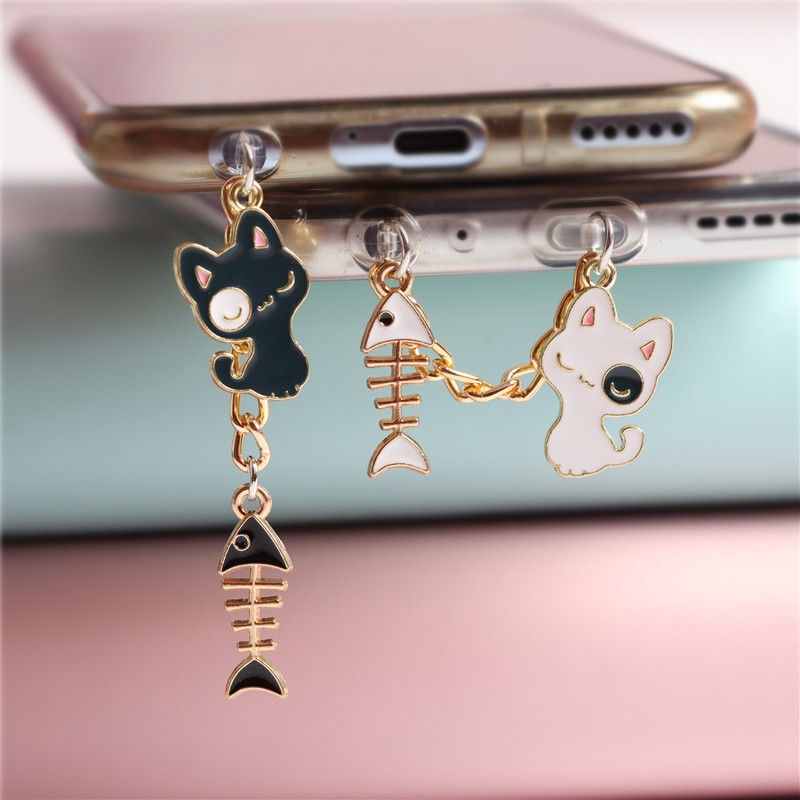 Cute Black White Flower Eye Cat Mobile Phone Headphone Jack Anti