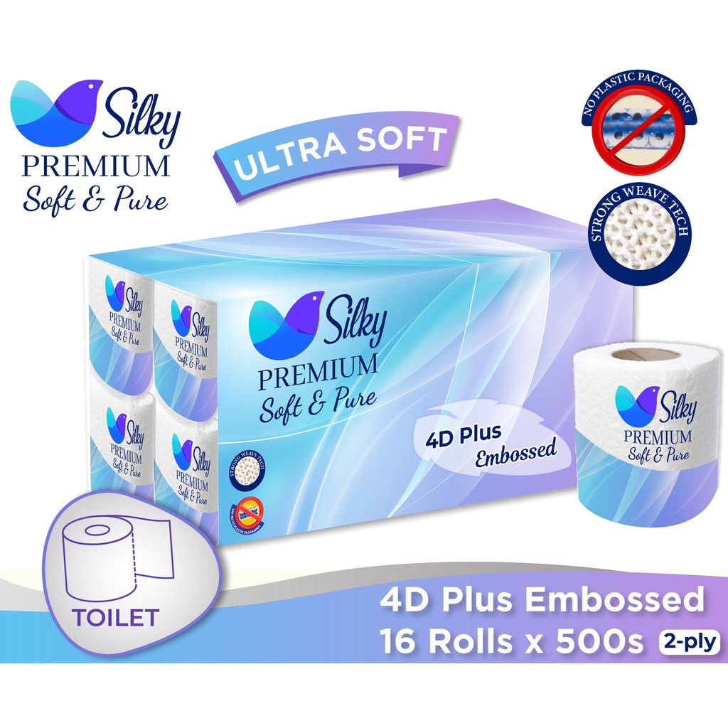 SILKY Toilet Paper Tissue Rolls 2Ply 16 Rolls x 500 Sheets (8000