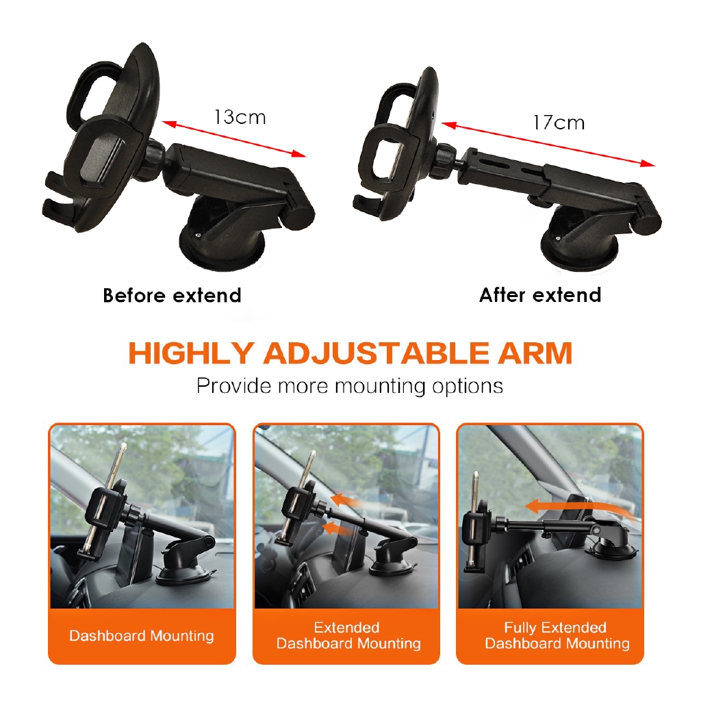 Car Mount Sticky Suction Pad Extendable Phone Holder One Button