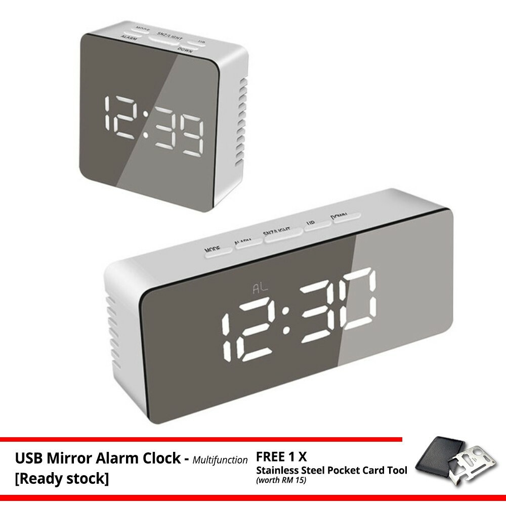USB Mirror Alarm Clock Time Display 5.5" LED Dimmer Snooze Temperature