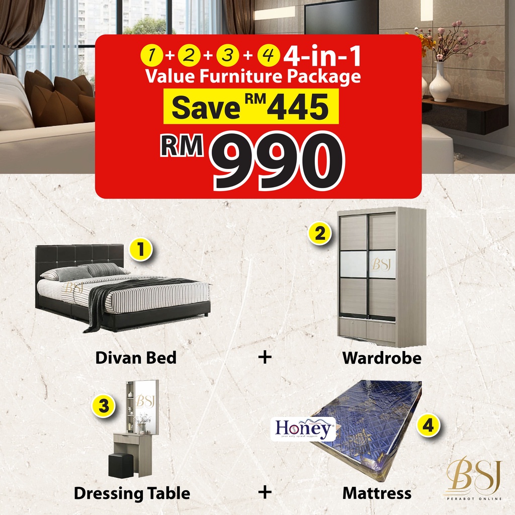 BSJ【 𝟒-𝐢𝐧-𝟏 𝐂𝐎𝐌𝐁𝐎 𝐒𝐄𝐓】Packej Furnitures Bedroom Set Wardrobe Dressing ...