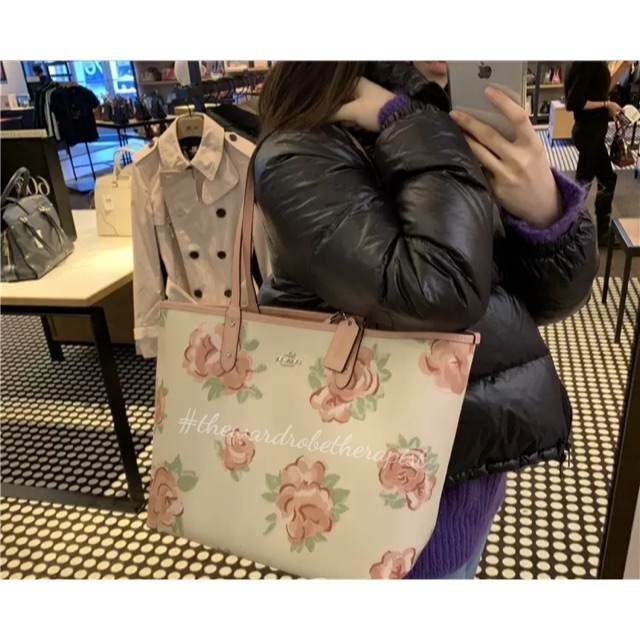 Coach Brown/Pink Floral Print Coated Canvas Reversible City Tote Coach