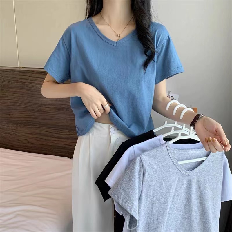 Women Solid Color Short T-shirt V-neck Casual Crop Tops | Shopee Malaysia