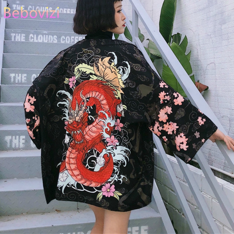 2020 Black Chinese Dragon Print Harajuku Japanese Fashion Style Women s Kimono Cardigan Blouse Cosplay Douga Street Top Shopee Malaysia