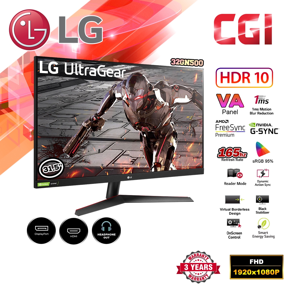 LG 31.5" 32GN500 UltraGear 165Hz 1ms HDR 10 FHD FreeSync Gsync VA ...