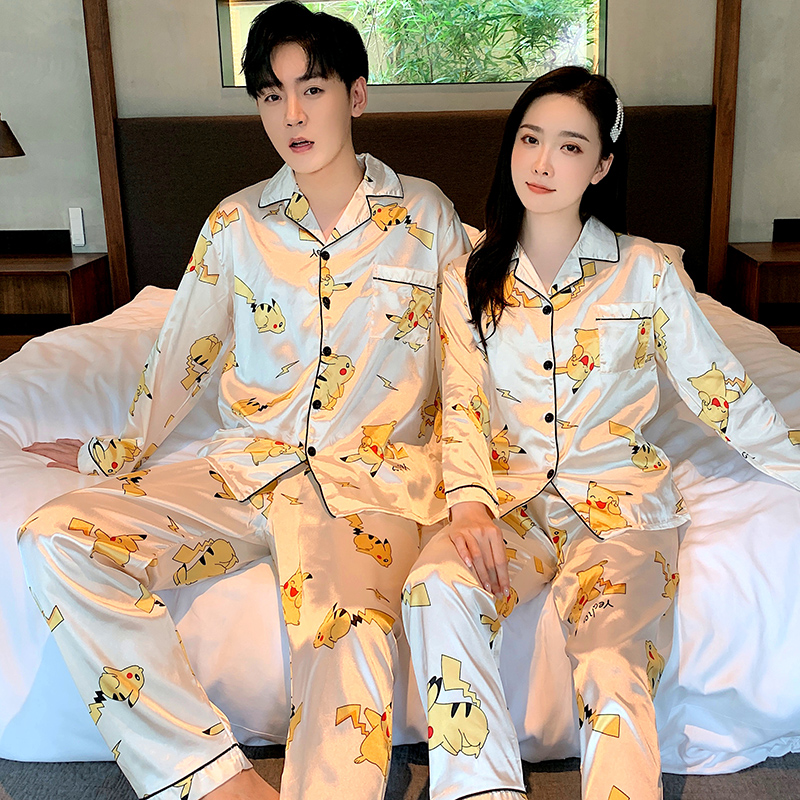 Couple Silk Sleepwear Pikachu Long Sleeve Long Pants Pajamas