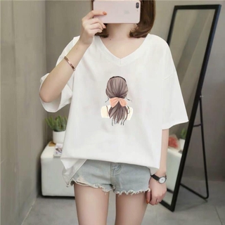 Plus Size/40-150kg/8Patterns】Oversized V-Neck Women Plus Size T-shirt Half Short  Sleeves Big Loose Cartoon Letter Printed Tee Summer Maternity Pregnancy T-shirt  Casual Top Fashion Big Size Medium-Long Length Oversize T-shirt Dress  Pajamas 5XL