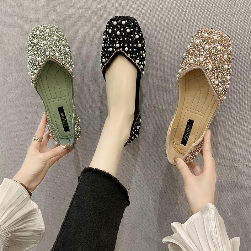 Women's Flat Shoes Retro Solid Color Round Toe Rhinestone Ballet Flats ...