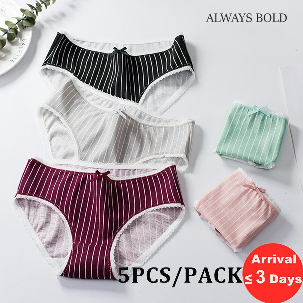 [Local Delivery] 5Pcs Pack Women Panties Cotton Underwear Striped Briefs