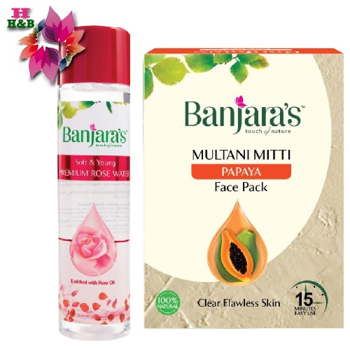 Banjaras rose water 120ml + multani Mitti papaya face pack 100g combo