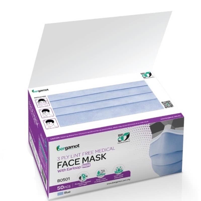 BERGAMOT 3-PLY LINT-FREE MEDICAL FACE MASK EARLOOP 50'S BLUE/ VANSCENT ...