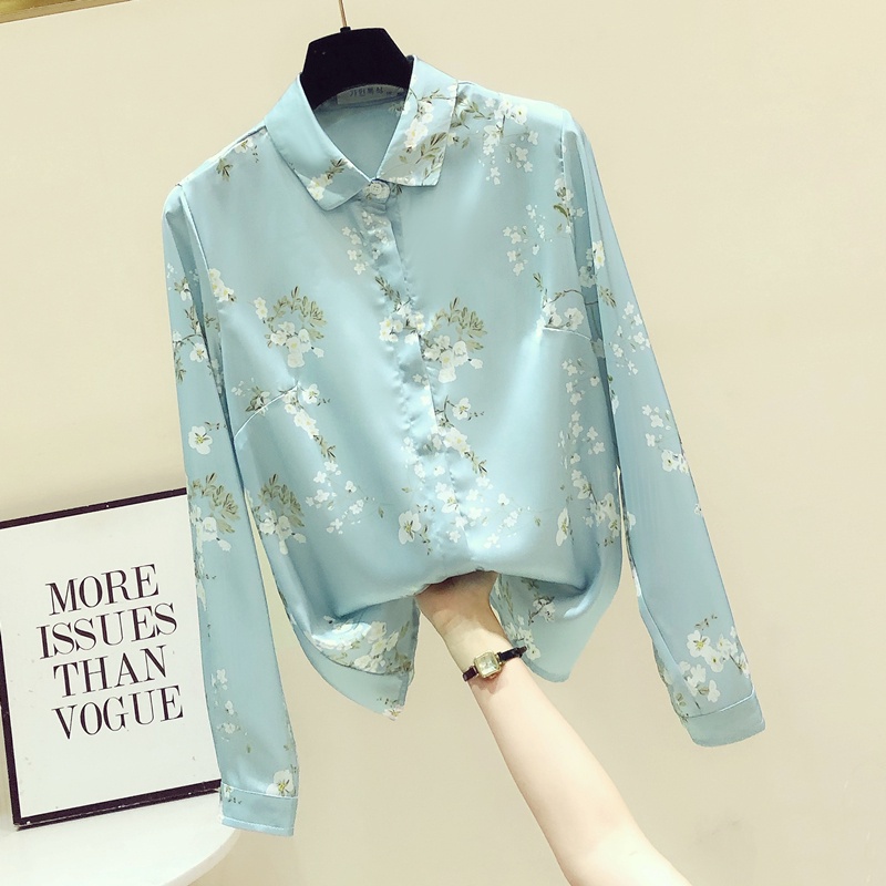 Light Blue Flower Shirt Women Long Sleeve Floral Print Loose Tops and ...