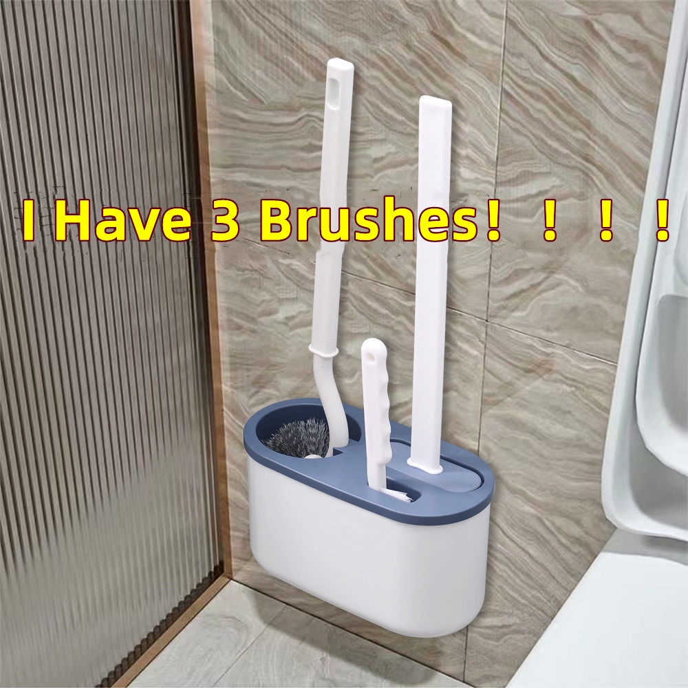 Toilet Cleaning Brush Bathroom Long Handle Brush Cleaner 360° Universal 3 Brushes Head Silicone ...
