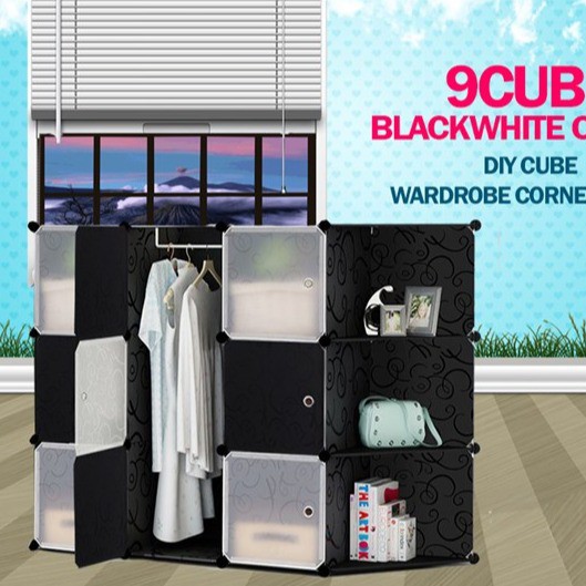 PLAIN CHECKER BLACK 9C DIY Rack Storage Cabinet Wardrobe Corner Rack ...