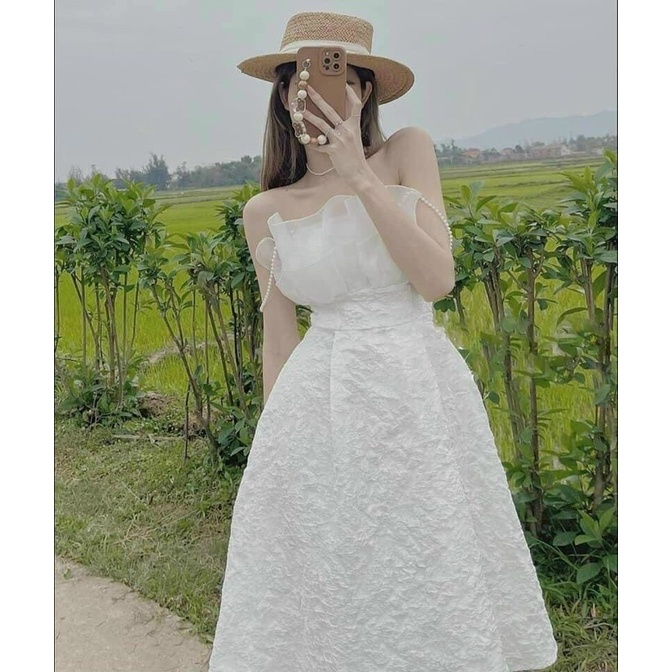 Spaghetti strap white dress with beaded lovely elnia | Shopee Malaysia